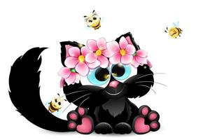 fofa Preto desenho animado gato sentado com guirlanda do Rosa flores e vôo abelhas vetor