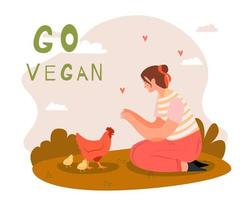 desenhado à mão crueldade livre e vegano conceito com mulher com frango. vetor ilustrador