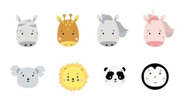 retratos de animais simples e fofos. um conjunto de retratos de animais exóticos - zebra e girafa, cavalo e unicórnio, coala e leão, panda e pinguim. para decoração infantil, impressão, design e têxteis. vetor