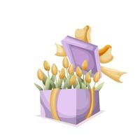 presente caixa com amarelo tulipas com uma arco. Primavera ilustração isolado em branco fundo. adequado para impressão. vetor