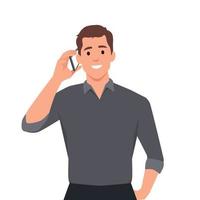 jovem homem de negocios dentro colete Falando em a telefone. na moda pessoa chamando para móvel. masculino personagem falando sobre celular vetor