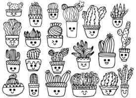 lindo conjunto kawaii de cactos em vasos de flores. página para colorir. plantas de doodle desenhadas à mão. cacto de desenho animado para livro de colorir. ilustração vetorial. vetor