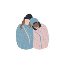 dois mulheres dentro cobertores abraçando. vetor
