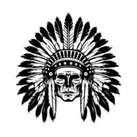 crânio cabeça com nativo americano indiano chefe acessórios logotipo mão desenhado ilustração vetor