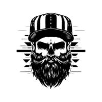 hipster crânio com bigode e barba vestindo chapéu mão desenhado ilustração vetor