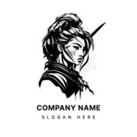 Japão samurai menina logotipo Preto e branco mão desenhado ilustração vetor