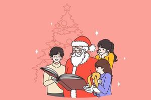 feliz velho santa claus dentro traje perto abeto árvore ler livro para animado pequeno crianças. sorridente Senior pai Natal apreciar contos de fadas com crianças. Novo ano e inverno feriados. vetor ilustração.