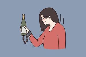 infeliz estressado mulher conectado com correntes para garrafa Sofra a partir de álcool vício. chateado fêmea viciado para alcoólico bebida precisar ajuda. alcoolismo e cuidados de saúde conceito. vetor ilustração.