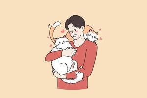 amoroso animais e gato amante pessoa conceito. jovem sorridente amoroso homem desenho animado personagens em pé segurando dois grande gatos em mãos abraçando abraçando vetor ilustração