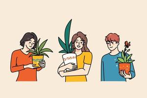 feliz diverso pessoas aguarde panelas com verde plantas envolvido dentro jardinagem passatempo. sorridente homens e mulheres com casa vegetação suculento e cacto apreciar jardim atividade. plano vetor ilustração.