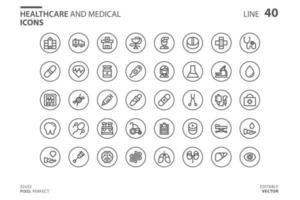 conjunto de ícones de estilo de linha médica e de saúde vetor