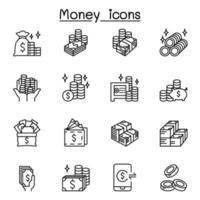 ícones de dinheiro, dinheiro, moeda e moeda em estilo de linha fina vetor