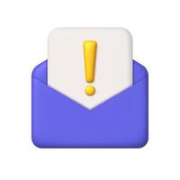 Novo mensagem 3d ícone. roxa aberto enviar envelope e Folha do papel com exclamação ponto. 3d realista vetor Projeto elemento.