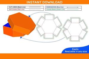hexágono presente caixa ou surpresa presente caixa dieline modelo e 3d caixa Projeto vetor
