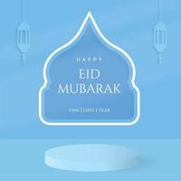 happy eid mubarak com pódio cilíndrico moderno azul claro com cor pastel vetor