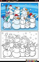 desenhos animados personagens engraçados bonecos de neve para colorir página vetor