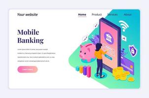 conceito de design moderno plano isométrico de banco on-line com personagens. pagamento móvel eletrônico para site e site móvel. modelo de página de destino. ilustração vetorial vetor