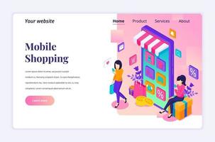 conceito de design moderno plano isométrico de compras online. mulheres jovens comprando produtos na loja de aplicativos móveis para o site e o site para celular. modelo de página de destino. ilustração vetorial vetor