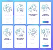 digital publicidade estratégias azul gradiente onboarding Móvel aplicativo tela definir. passo a passo 5 passos gráfico instruções com linear conceitos. interface do usuário, ux, gui modelo vetor