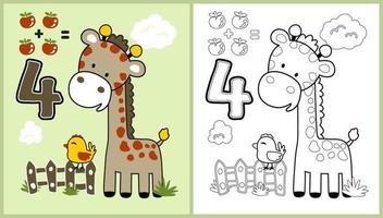 fofa girafa e pintinho contando frutas, vetor desenho animado ilustração, coloração página ou livro