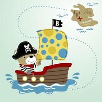 fofa Urso dentro pirata traje em barco a vela indo para Tesouro ilha, vetor desenho animado ilustração