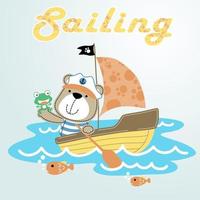 fofa Urso com rã em barco a vela com peixes, vetor desenho animado ilustração