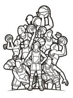 desenho animado esboço grupo do basquetebol mulheres jogadoras vetor