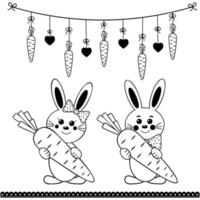 conjunto de personagens fofinhos coelhos com cenoura e guirlanda de páscoa, contorno preto vetor