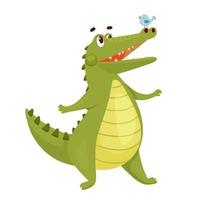 fofa crocodilo com pequeno pássaro. engraçado jacaré isolado em branco. desenho animado vetor ilustração verde animal personagem