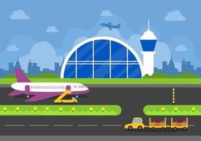 edifício terminal de aeroporto com infográfico decolagem de aeronaves e diferentes tipos de transporte elementos modelos de ilustração vetorial vetor