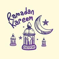 uma desenhando do uma lanterna, lua e a palavras Ramadã kareem islâmico fundo elementos para cumprimento Ramadã mubarak. vetor