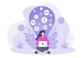 ilustração plana de investimentos para solução de negócios de banner, análise de página da web de vendas, dados de crescimento estatístico, contabilidade, ideias inovadoras e conceito de lucros em dinheiro vetor