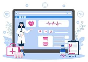 cuidados de saúde on-line e conceito médico de ilustração vetorial de médico, consulta de medicamento e tratamento por meio de aplicativo de smartphone ou clínica de internet conectada a computador vetor