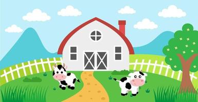 ilustração em vetor bonito dos desenhos animados de vaca e prado rural