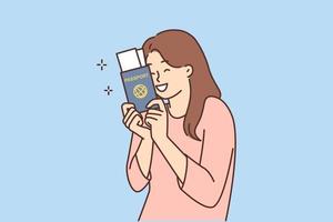 sorridente mulher aguarde Passaporte com bilhetes animado sobre viagem. feliz fêmea pronto para período de férias. turismo e feriados. vetor ilustração.