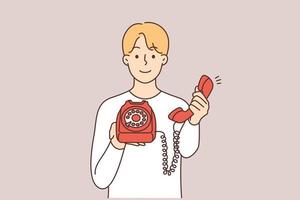 sorridente homem segurando retro telefone fixo telefone oferta para faço chamar. feliz cara com com fio Telefone sugerir conversando. vetor ilustração.