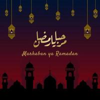 banner marhaban ya ramadhan com caligrafia, mesquita, lanterna em cor pastel adequada para cartões comemorativos, panfleto, pôster, capa, web, postagem em mídia social ou histórias vetor