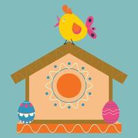 pássaro alimentador, Casa de passarinho, com Páscoa ovos com ornamento, pássaro, frango. vetor