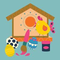 Páscoa ovos com padrões, uma escova com pintura para coloração ovos e uma Casa de passarinho com uma pássaro. vetor