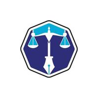 vetor de logotipo de lei com equilíbrio judicial simbólico da escala de justiça em uma ponta de caneta. vetor de logotipo para direito, tribunal, serviços de justiça e empresas.