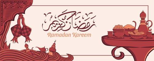 Ramadan Kareem banner com mão desenhada ornamento de ilustração islâmica em fundo branco. vetor