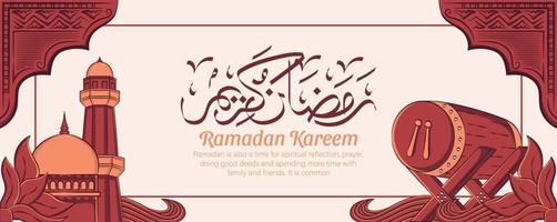 Ramadan Kareem banner com mão desenhada ornamento de ilustração islâmica em fundo branco. vetor