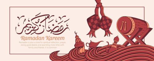 Ramadan Kareem banner com mão desenhada ornamento de ilustração islâmica em fundo branco. vetor