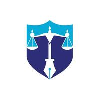 vetor de logotipo de lei com equilíbrio judicial simbólico da escala de justiça em uma ponta de caneta. vetor de logotipo para direito, tribunal, serviços de justiça e empresas.