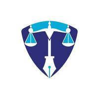 vetor de logotipo de lei com equilíbrio judicial simbólico da escala de justiça em uma ponta de caneta. vetor de logotipo para direito, tribunal, serviços de justiça e empresas.