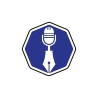 caneta microfone conferência podcast design de logotipo de rádio. design de logotipo de vetor de podcast de educação.