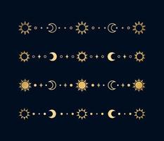 ouro celestial separador conjunto com sol, estrelas, lua fases, crescentes. ornamentado boho místico divisor decorativo elemento vetor