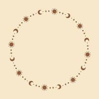 místico celestial volta quadro, Armação com sol, estrelas, lua fases, crescentes. ornamentado boêmio mágico fronteira fundo. vetor