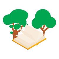 ecologia conceito ícone isométrico vetor. dois verde árvore e aberto papel livro ícone vetor
