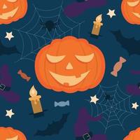 padrão sem emenda de vetor no tema de halloween. ilustração plana com abóboras, velas, doces, teias de aranha, morcegos e um chapéu em um fundo azul